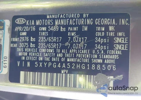 2017 Kia Sorento 3.3L Lx z USA, uszkodzony, nr VIN 5XYPG4A52HG188506